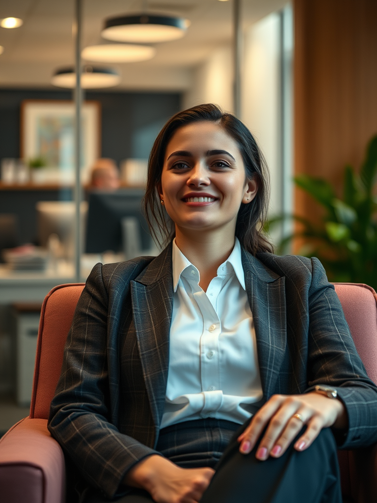 a female client sitting comfortably in an office environment, looking relaxed and relieved