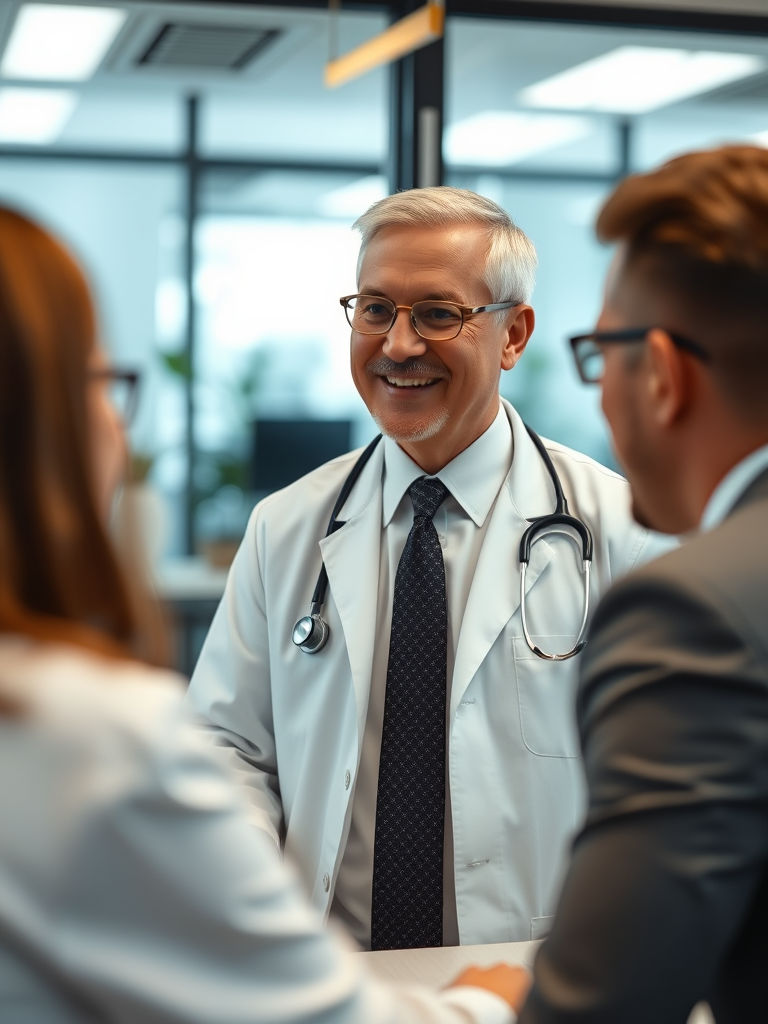 a white male doctor in formal clothing smiling and looking approachable while talking to a client in an office setting